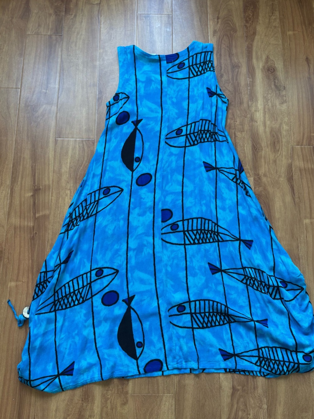 Vintage Bright Blue Sleeveless Maxi Dress with Fish Print - Picture 11 of 11